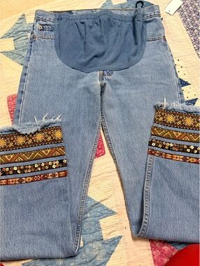 Vintage Levi's 501 Custom Embroidered Beaded Hem Maternity Jeans Size M / W33